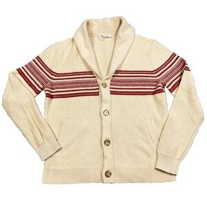 Marine Layer Nate Cardigan Sweater Men Medium Beige Red Striped Heavy Cotton
